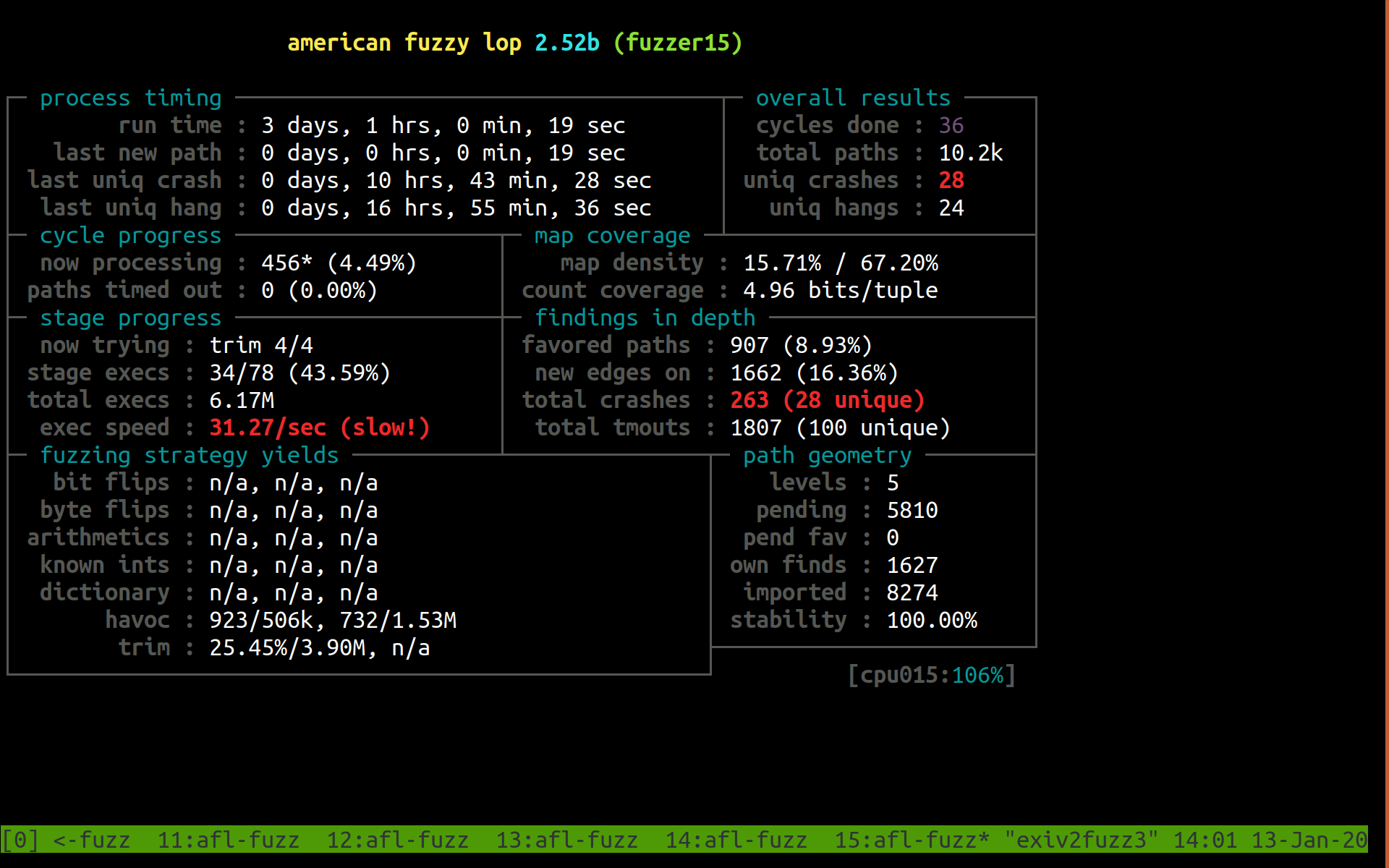 Screenshot of fuzzing Exiv2 with AFL after three days