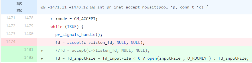 Changes in ProFTPD code: turning a network file descriptor into a regular file descriptor